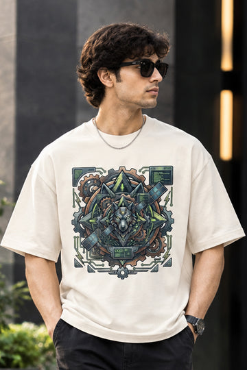 Mecha Wolf Cyberpunk Digital Print Oversized T-Shirt for Men in Off-White | STITCHIFLY