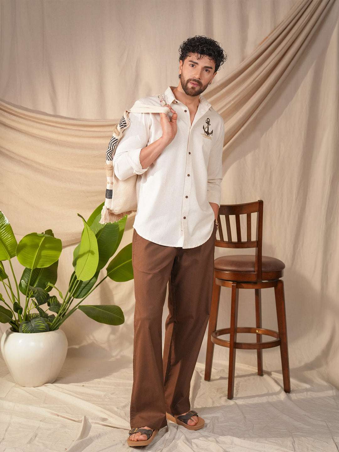 Custom Beige Natural Grains Anchor Embroidery Linen Cotton Shirt