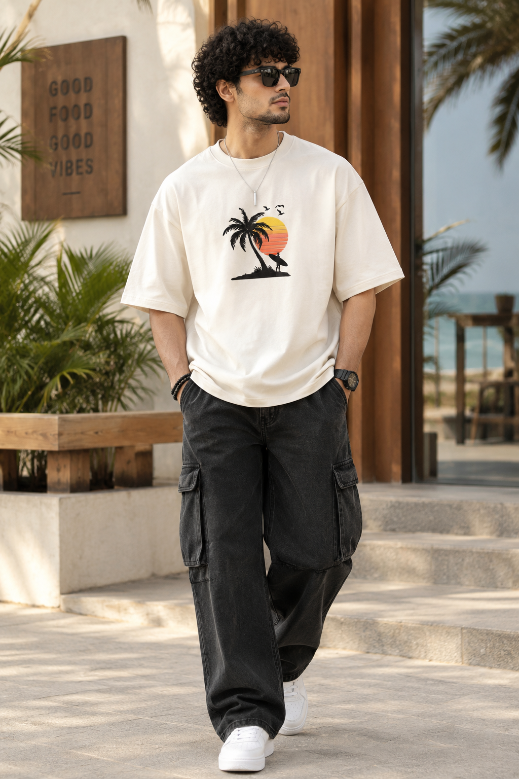 Tropical Sunset Palm Tree Embroidery Oversized T-Shirt for Men in Off-White (240 GSM) | STITCHIFLY