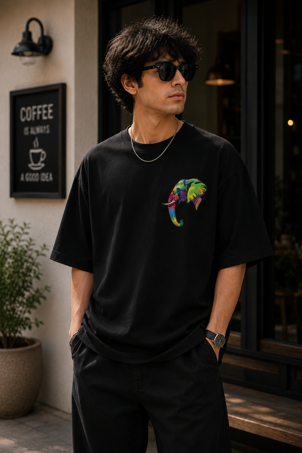Vibrant Elephant Art Embroidered Oversized T-Shirt for Men in Black | STITCHIFLY