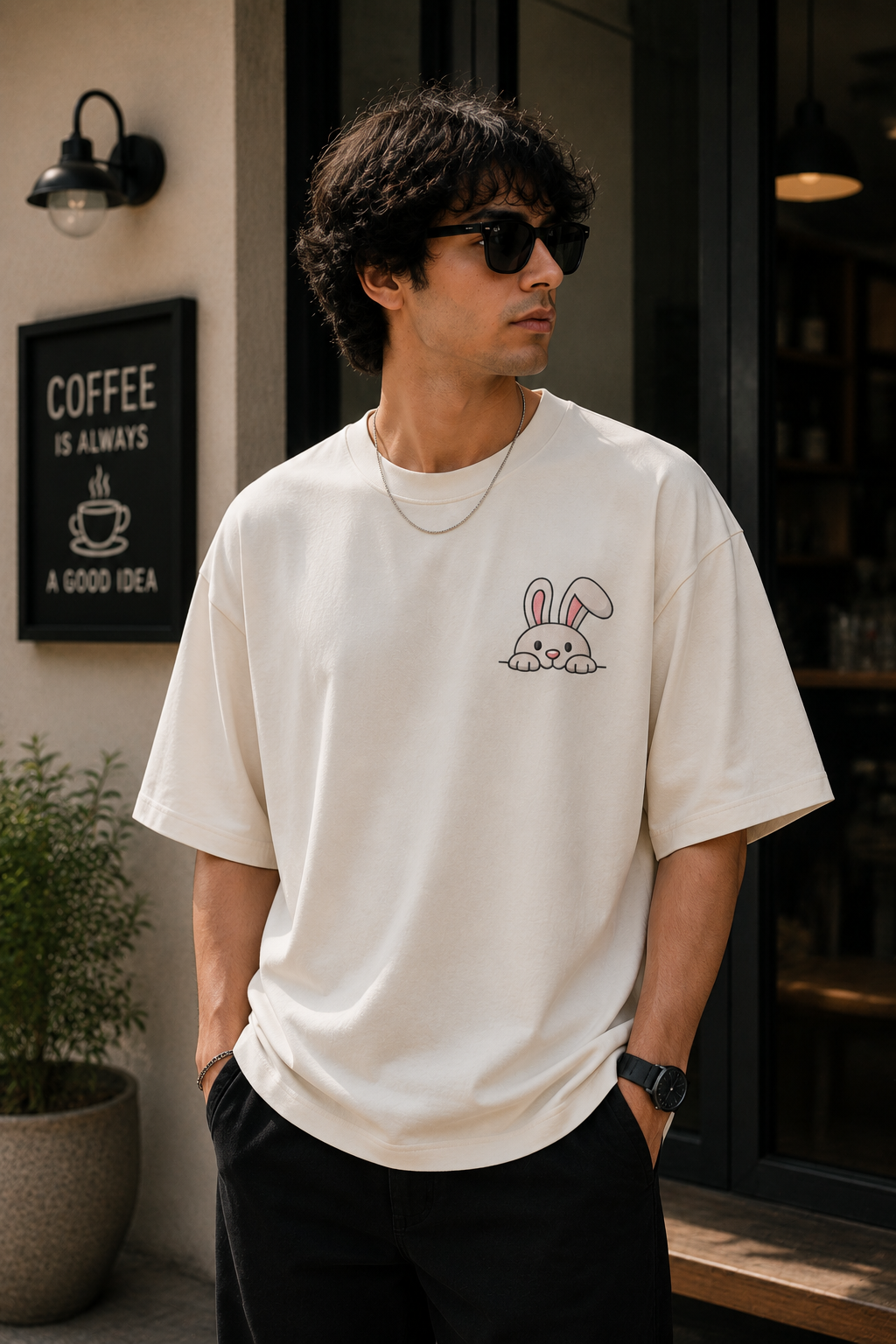 Cute Peeking Bunny Graphic Embroidered Oversized T-Shirt for Men in Off White | STITCHIFLY