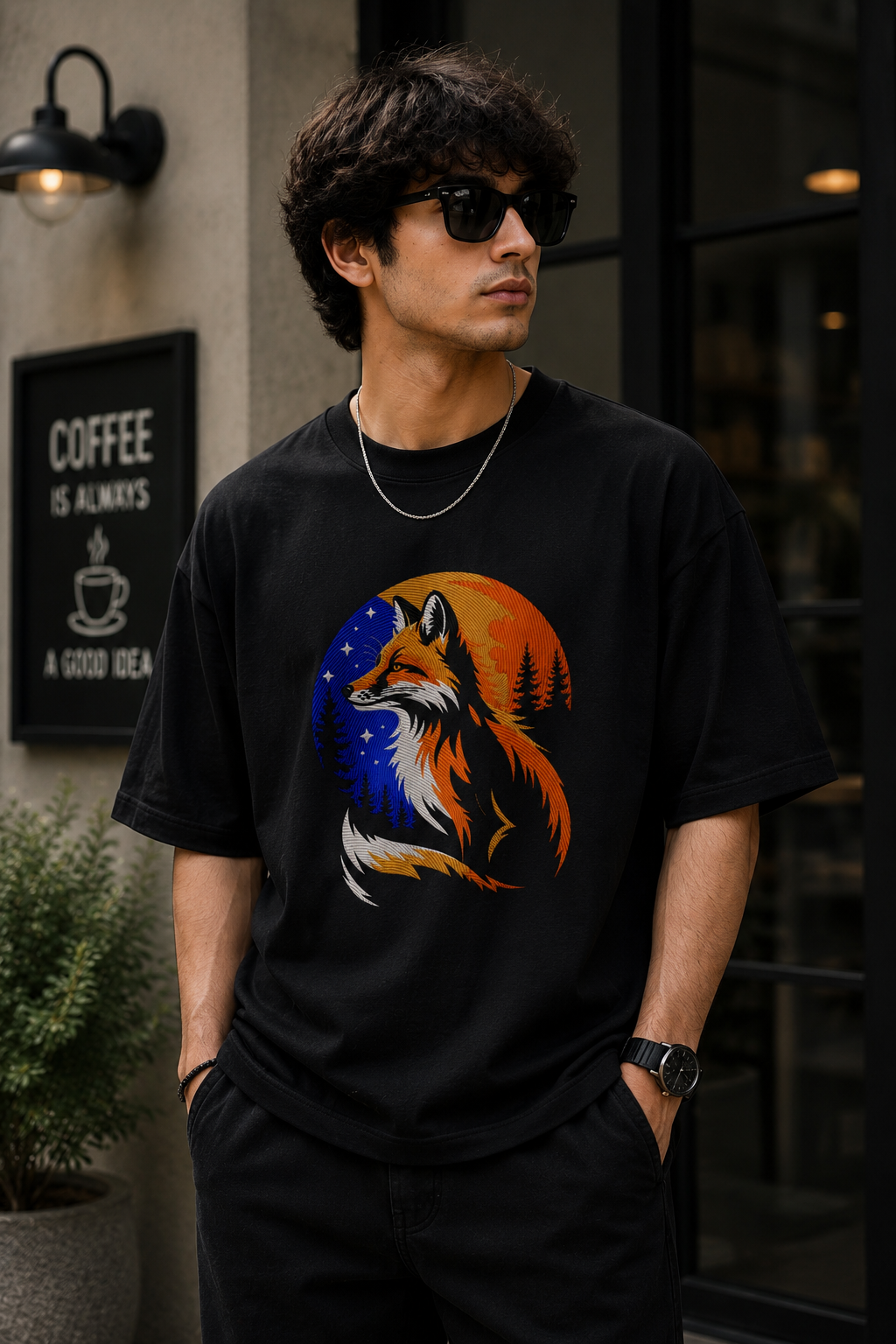 Celestial Fox Night Forest Art Embroidered Oversized T-Shirt for Men in Black | STITCHIFLY