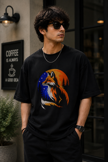 Celestial Fox Night Forest Art Embroidered Oversized T-Shirt for Men in Black | STITCHIFLY