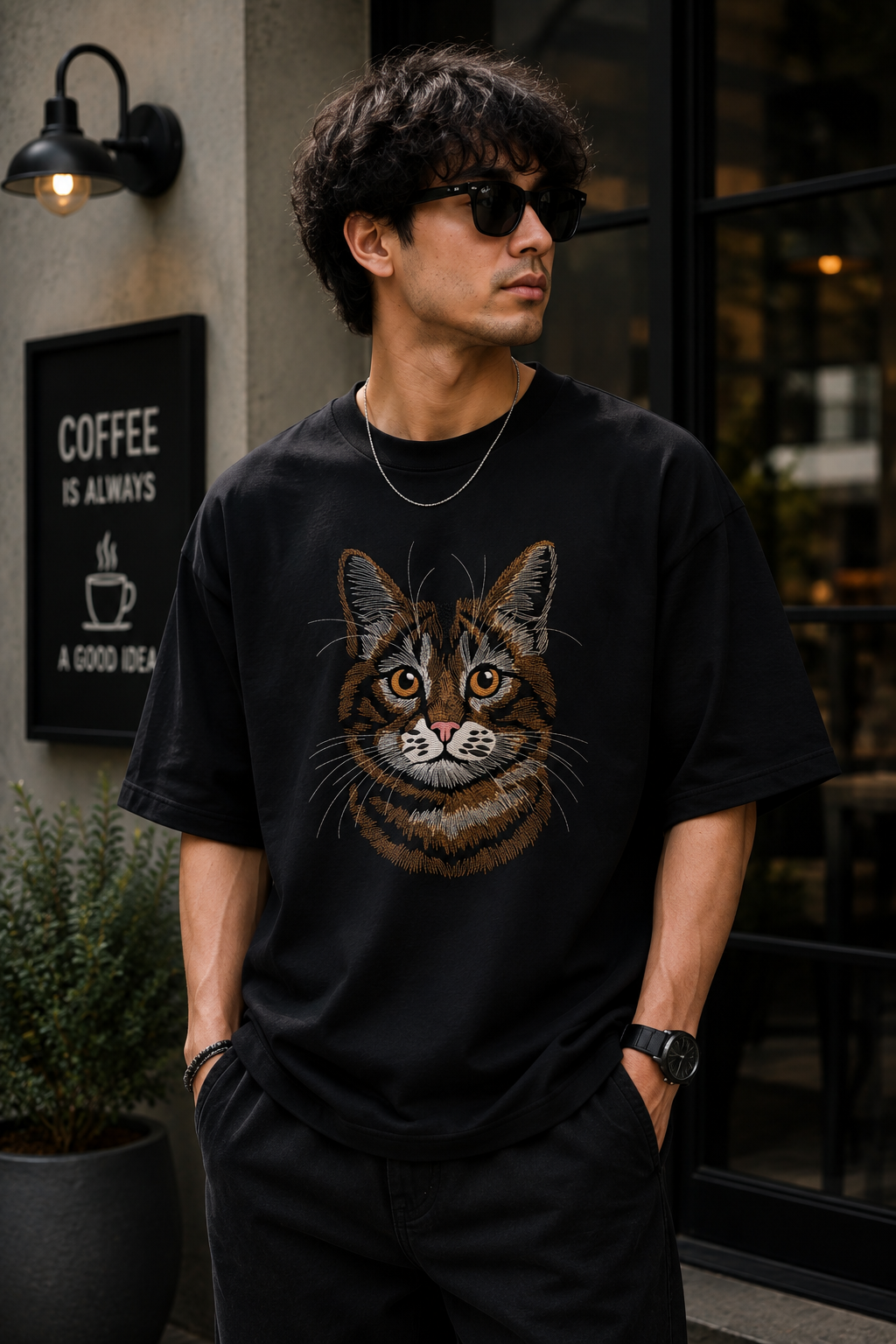Majestic Tabby Cat Portrait Embroidered Oversized T-Shirt for Men in Black | STITCHIFLY