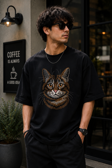 Majestic Tabby Cat Portrait Embroidered Oversized T-Shirt for Men in Black | STITCHIFLY