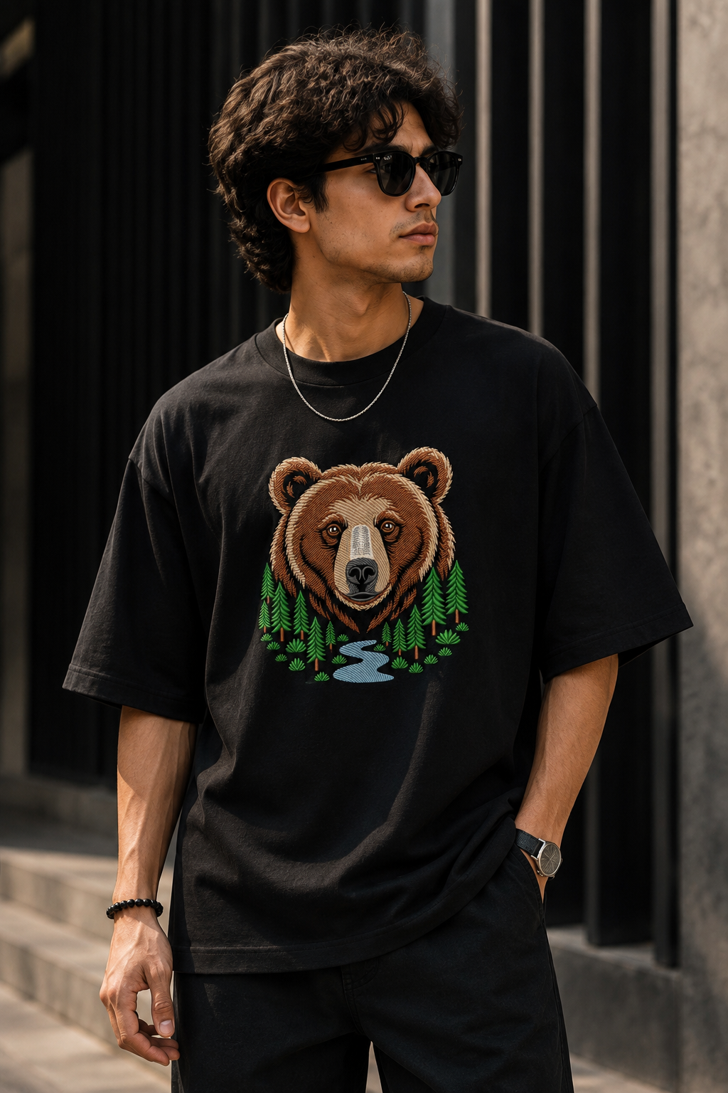 Grizzly Bear Forest Nature Art Embroidered Oversized T-Shirt for Men in Black | STITCHIFLY