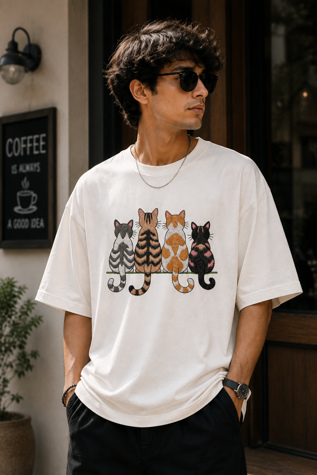 Four Sitting Cats Graphic Embroidered Oversized T-Shirt for Men in Off White | STITCHIFLY