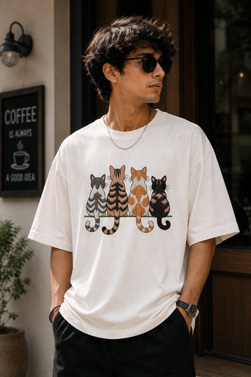 Four Sitting Cats Graphic Embroidered Oversized T-Shirt for Men in Off White | STITCHIFLY