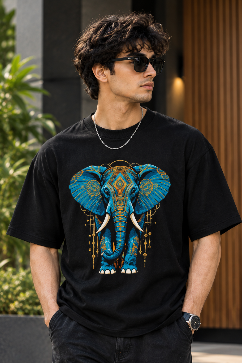Majestic Blue Tribal Elephant Digital Print Oversized T-Shirt for Men in Black | STITCHIFLY