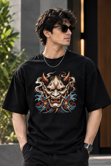 Japanese Oni Mask Digital Print Oversized T-Shirt for Men in Black | STITCHIFLY