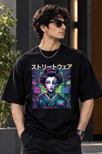 Cyber Geisha Cyberpunk Digital Print Oversized T-Shirt for Men in Black | STITCHIFLY