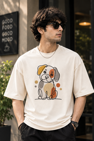 Minimalist Line Art Dog Premium Embroidery Oversized T-Shirt for Men in Off-White (240 GSM) | STITCHIFLY