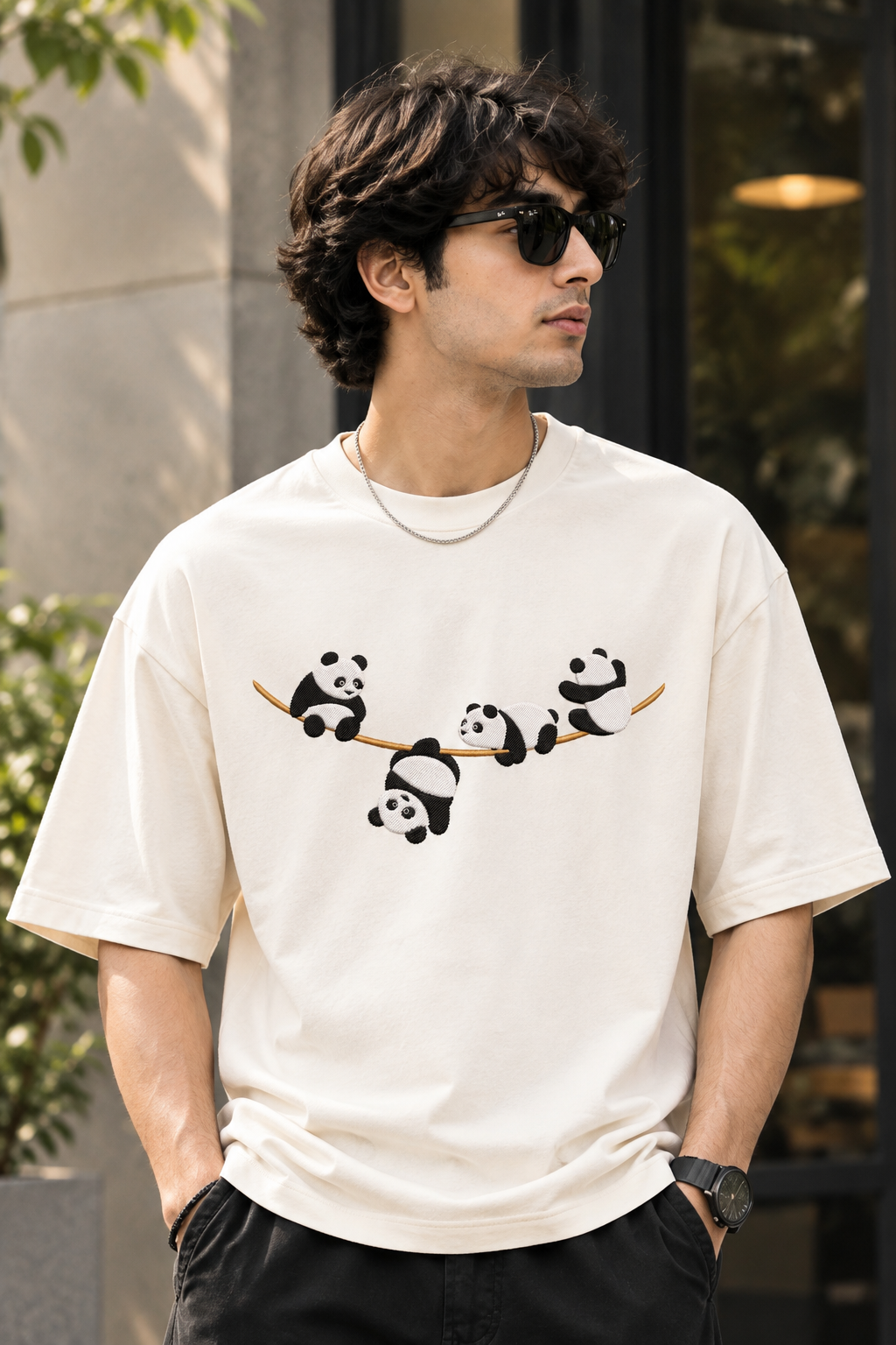 Playful Pandas Branch Embroidery Oversized T-Shirt for Men in Off-White (240 GSM) | STITCHIFLY