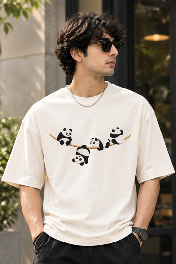 Playful Pandas Branch Embroidery Oversized T-Shirt for Men in Off-White (240 GSM) | STITCHIFLY