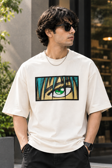 Anime Green Eye Box Embroidery Oversized T-Shirt for Men in Off-White (240 GSM) | STITCHIFLY
