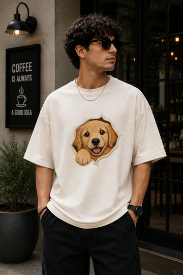 Golden Retriever Puppy Peeking Graphic Embroidered Oversized T-Shirt for Men in Off White | STITCHIFLY
