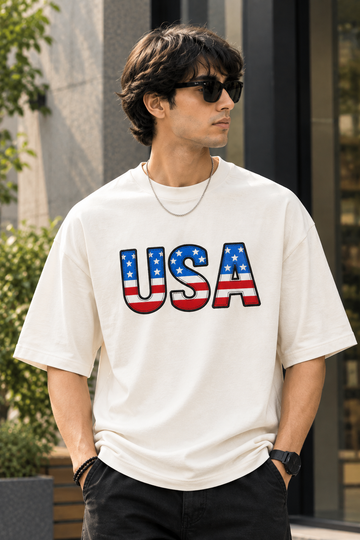 USA Flag Lettering Embroidery Oversized T-Shirt for Men in Off-White (240 GSM) | STITCHIFLY
