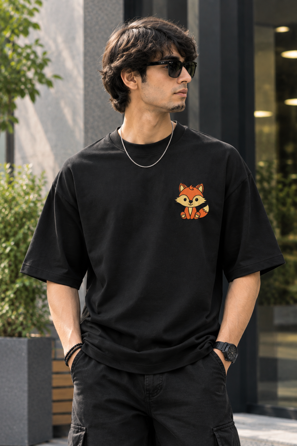 Cute Fox Character Embroidery Oversized T-Shirt for Men in Black (240 GSM) | STITCHIFLY
