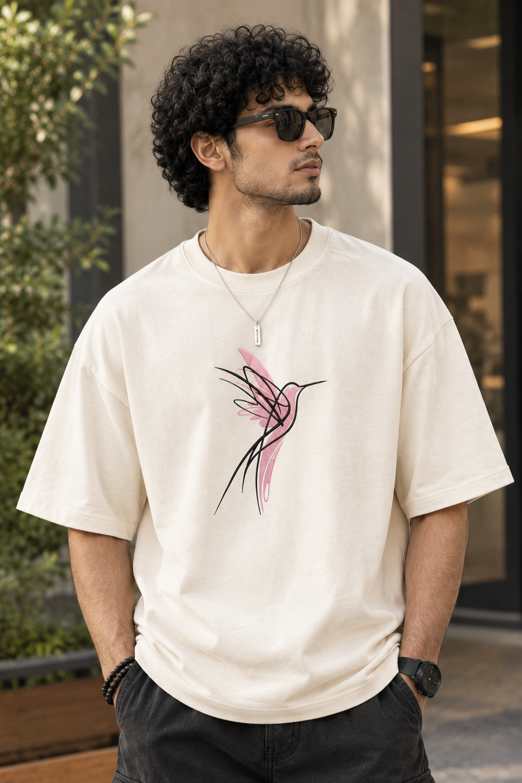 Minimalist Pink Hummingbird Embroidery Oversized T-Shirt for Men in Off-White (240 GSM) | STITCHIFLY