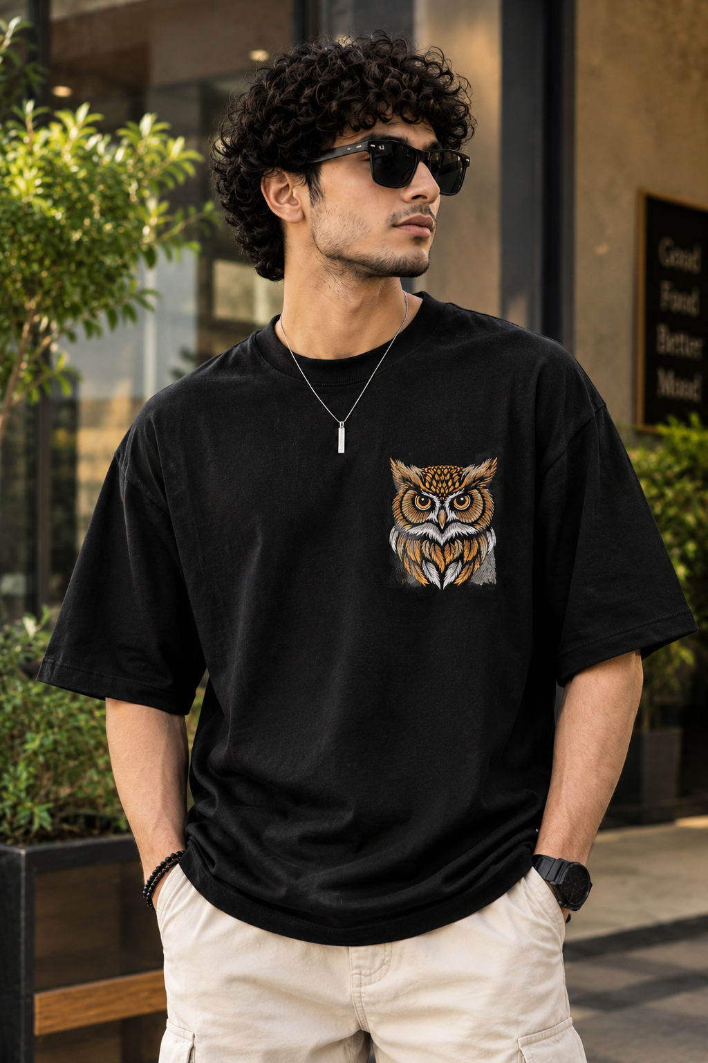 Wise Owl Portrait Embroidery Oversized T-Shirt for Men in Black (240 GSM) | STITCHIFLY