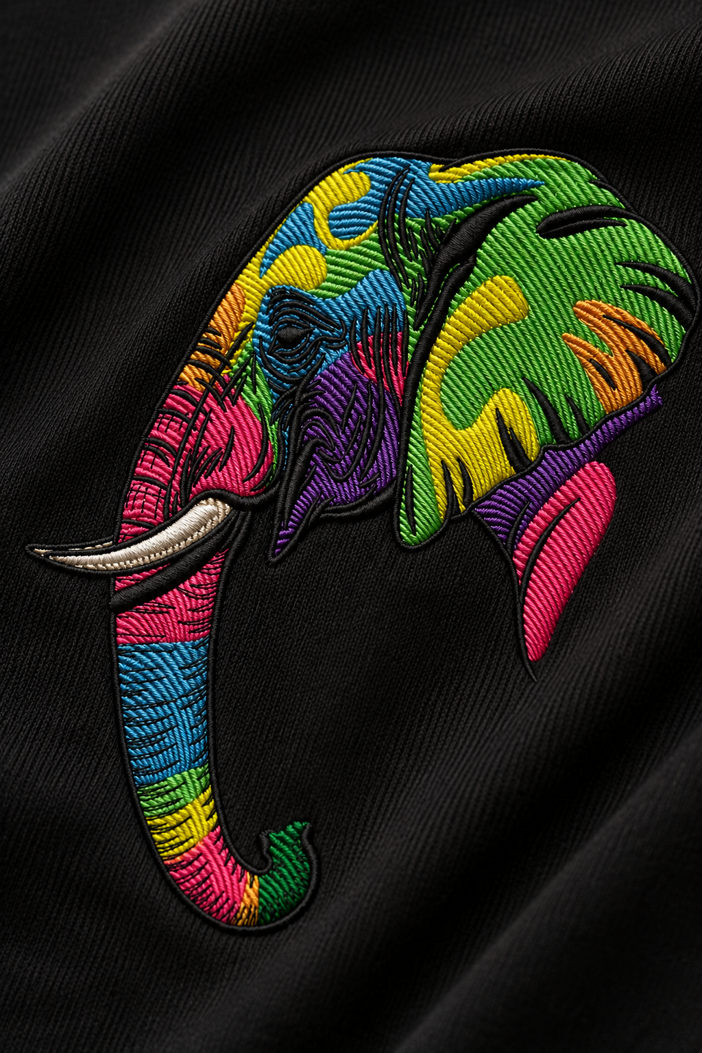 Vibrant Elephant Art Embroidered Oversized T-Shirt for Men in Black | STITCHIFLY
