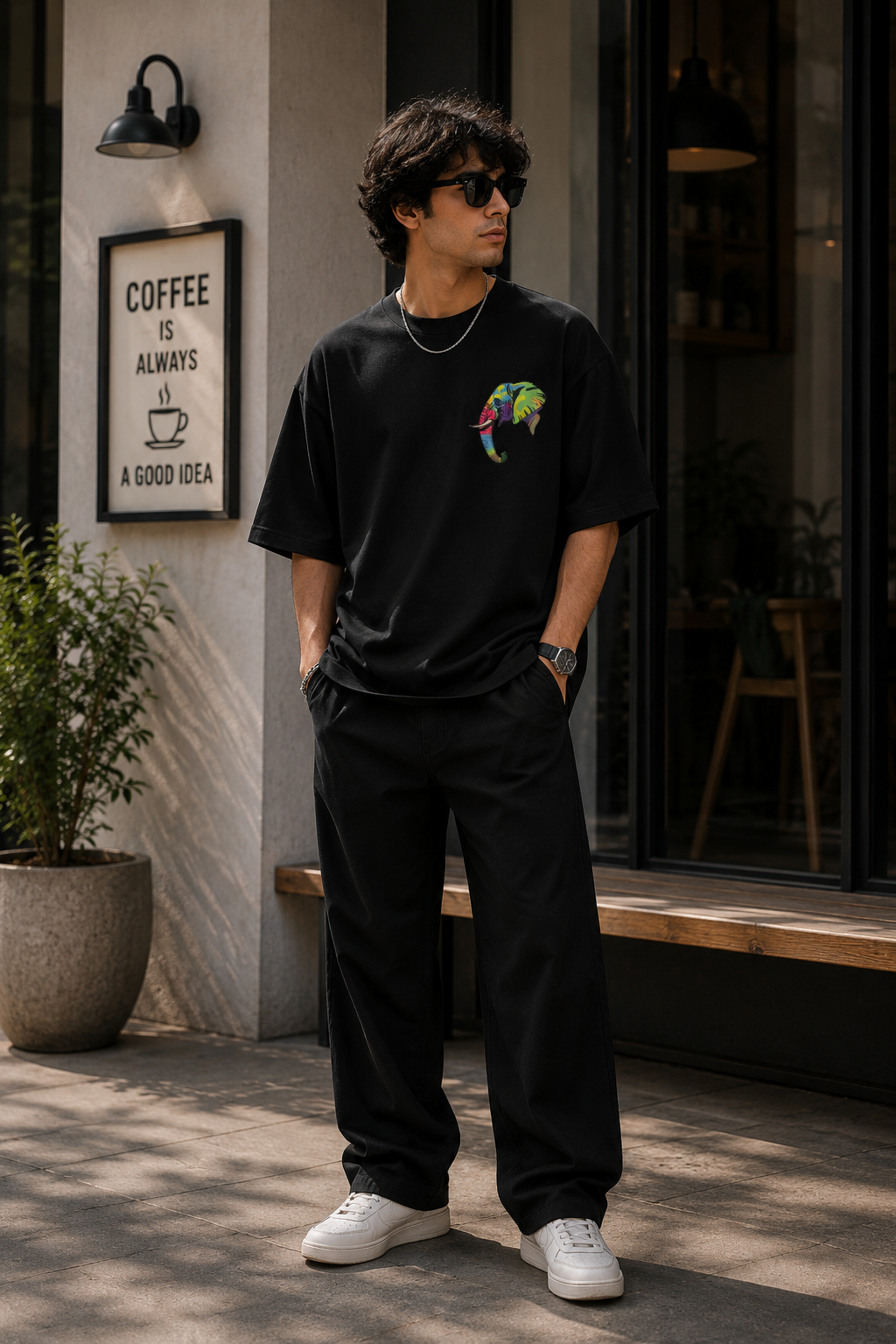 Vibrant Elephant Art Embroidered Oversized T-Shirt for Men in Black | STITCHIFLY