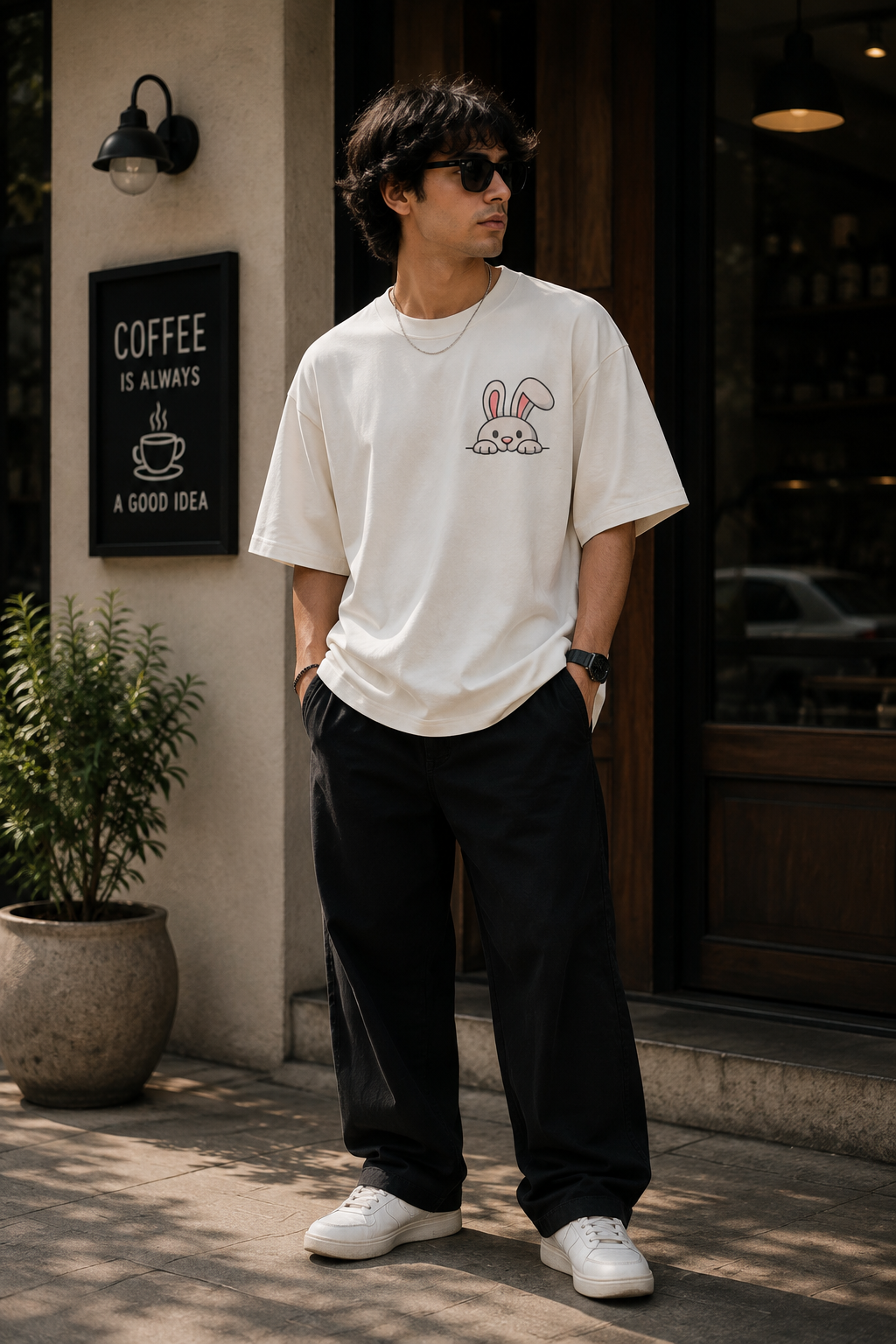 Cute Peeking Bunny Graphic Embroidered Oversized T-Shirt for Men in Off White | STITCHIFLY