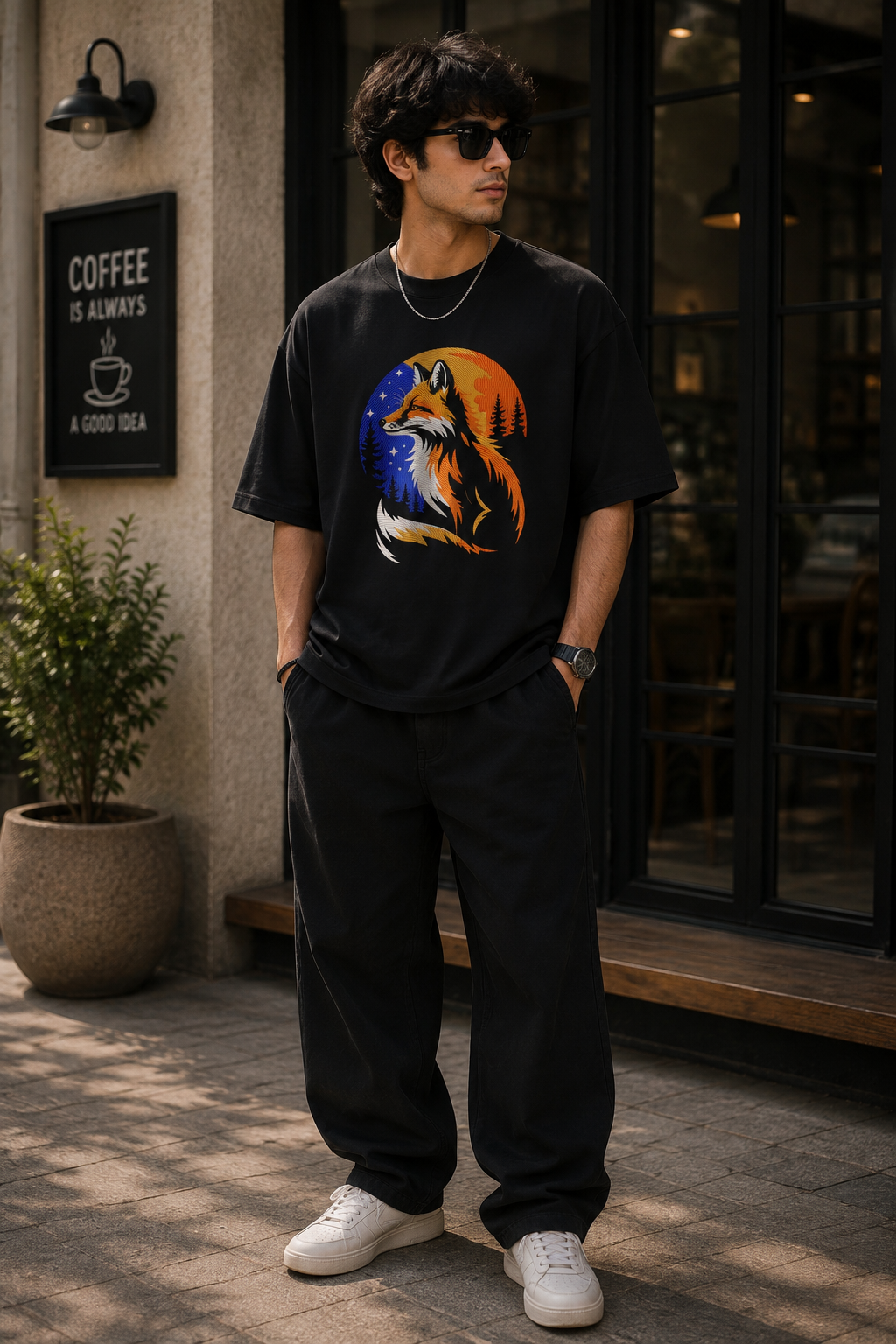 Celestial Fox Night Forest Art Embroidered Oversized T-Shirt for Men in Black | STITCHIFLY