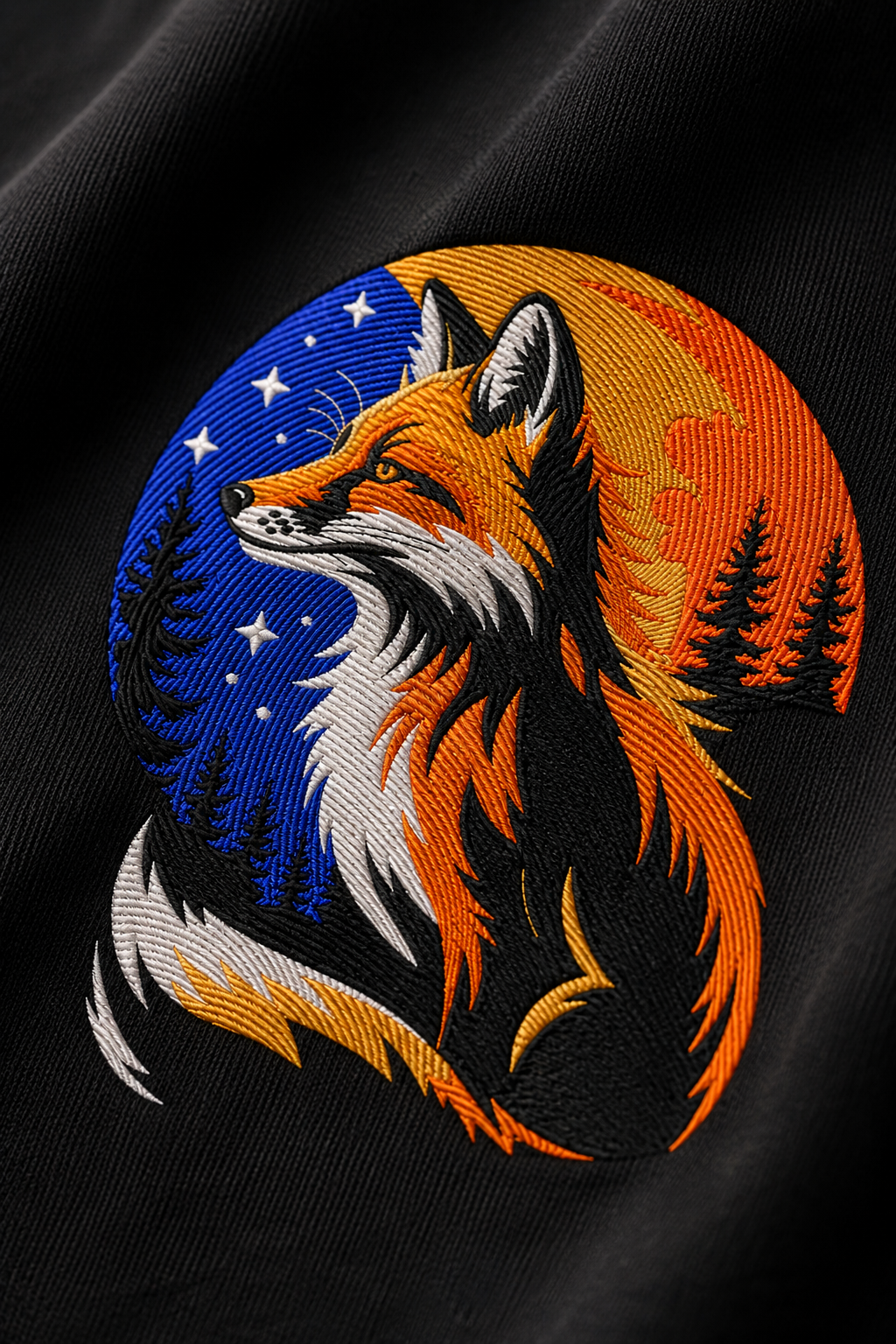 Celestial Fox Night Forest Art Embroidered Oversized T-Shirt for Men in Black | STITCHIFLY