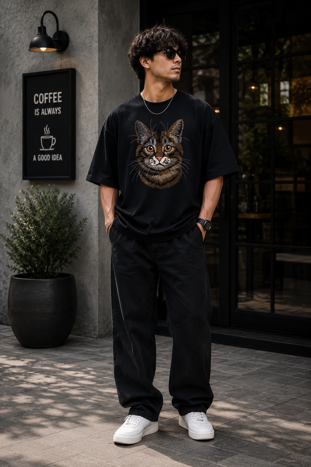 Majestic Tabby Cat Portrait Embroidered Oversized T-Shirt for Men in Black | STITCHIFLY