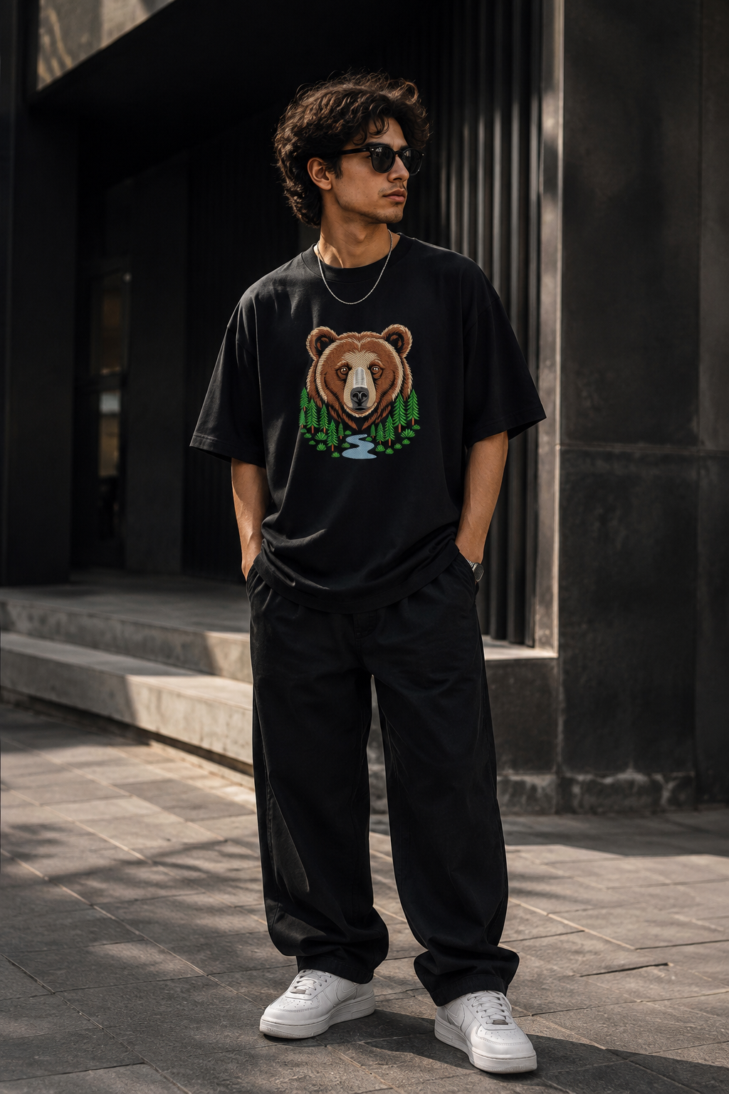 Grizzly Bear Forest Nature Art Embroidered Oversized T-Shirt for Men in Black | STITCHIFLY