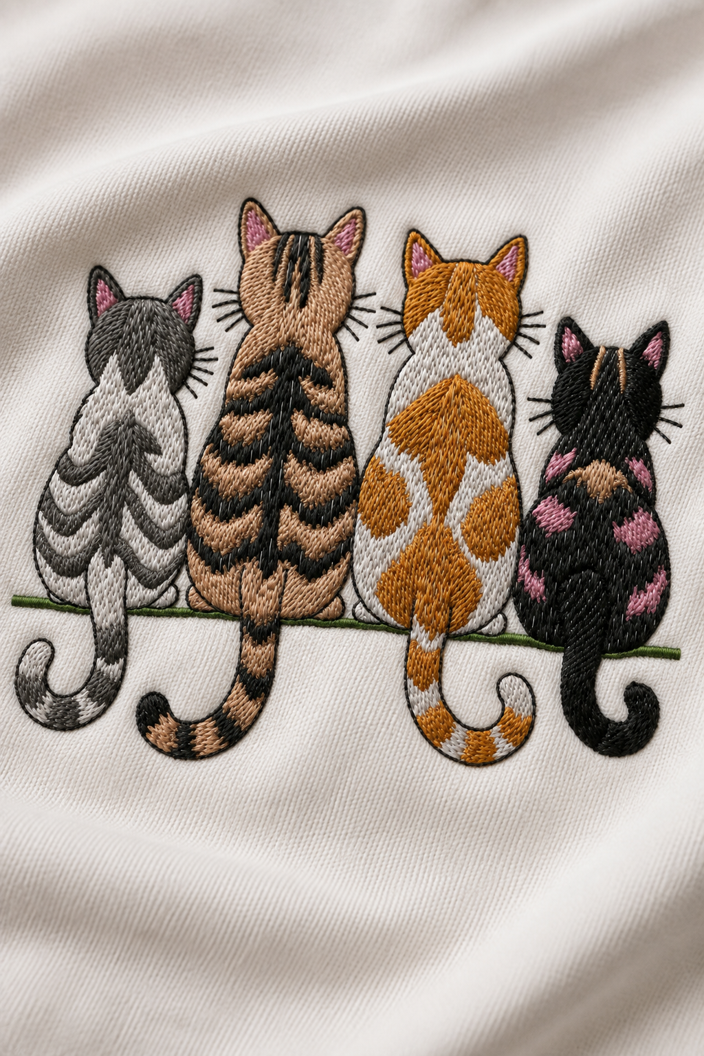 Four Sitting Cats Graphic Embroidered Oversized T-Shirt for Men in Off White | STITCHIFLY