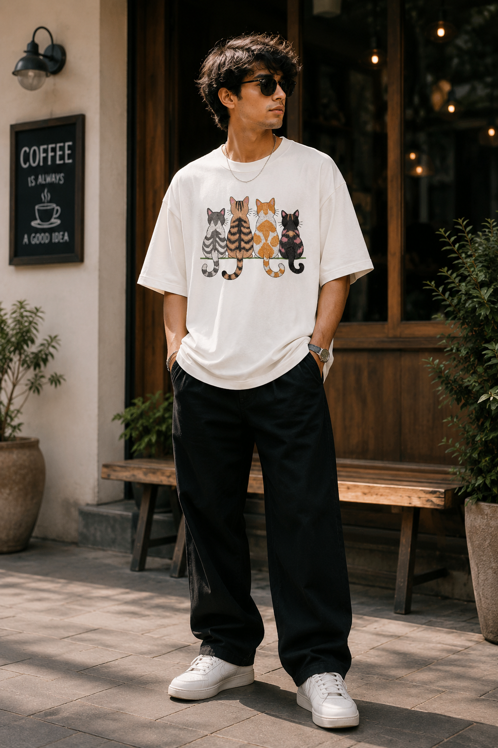 Four Sitting Cats Graphic Embroidered Oversized T-Shirt for Men in Off White | STITCHIFLY