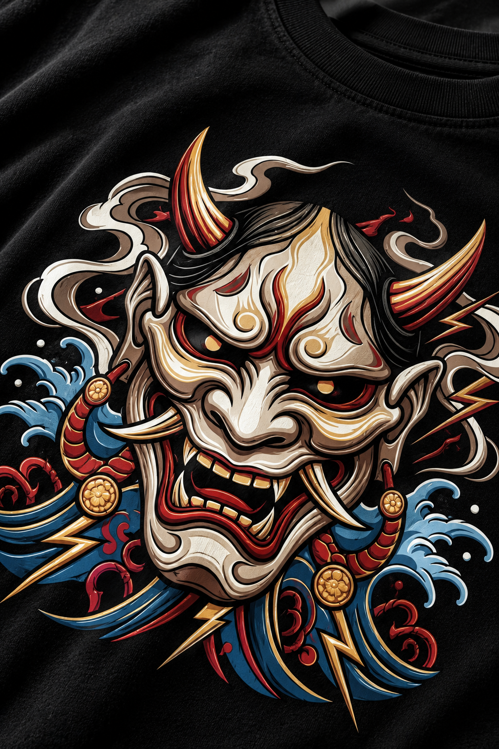 Japanese Oni Mask Digital Print Oversized T-Shirt for Men in Black | STITCHIFLY