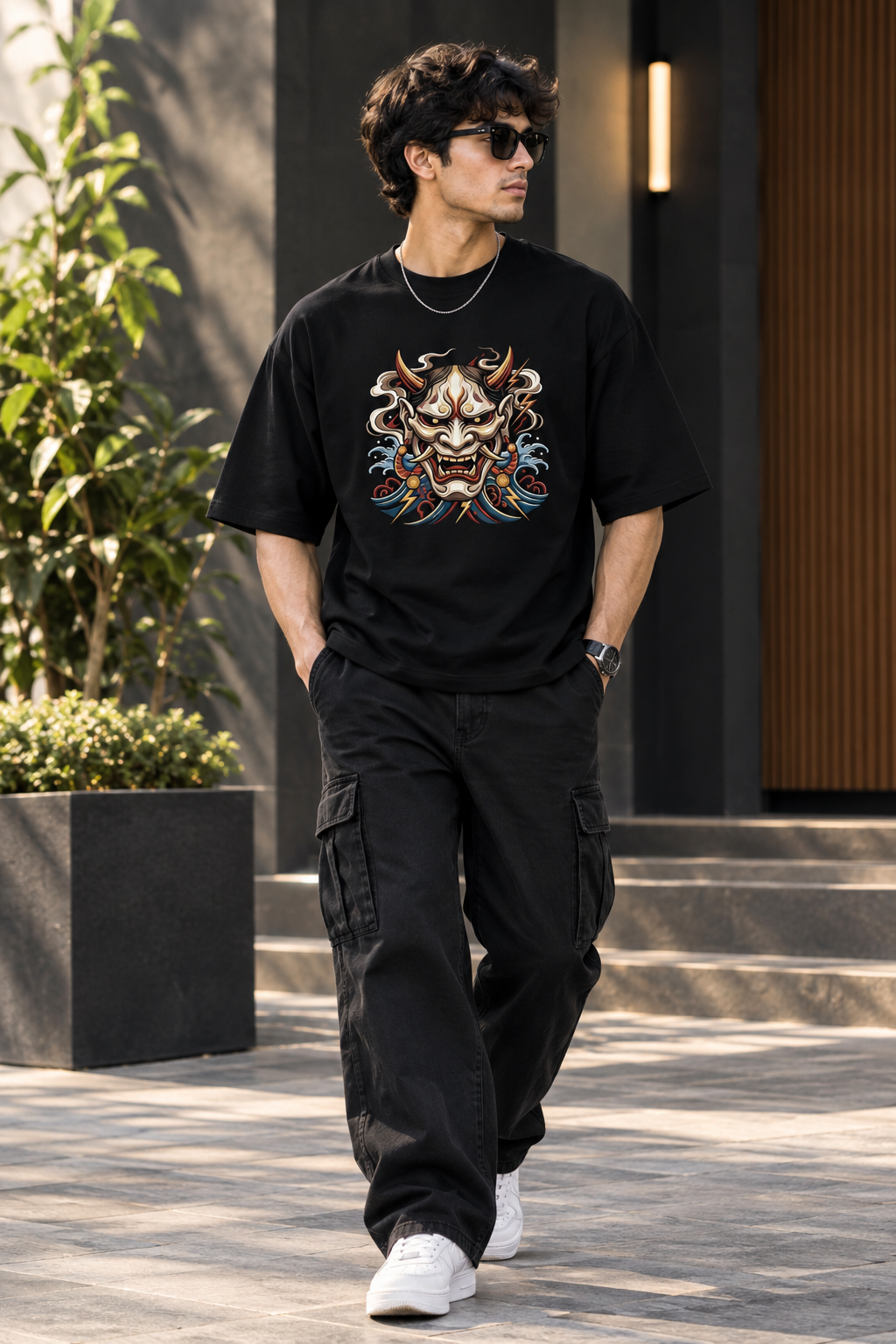 Japanese Oni Mask Digital Print Oversized T-Shirt for Men in Black | STITCHIFLY