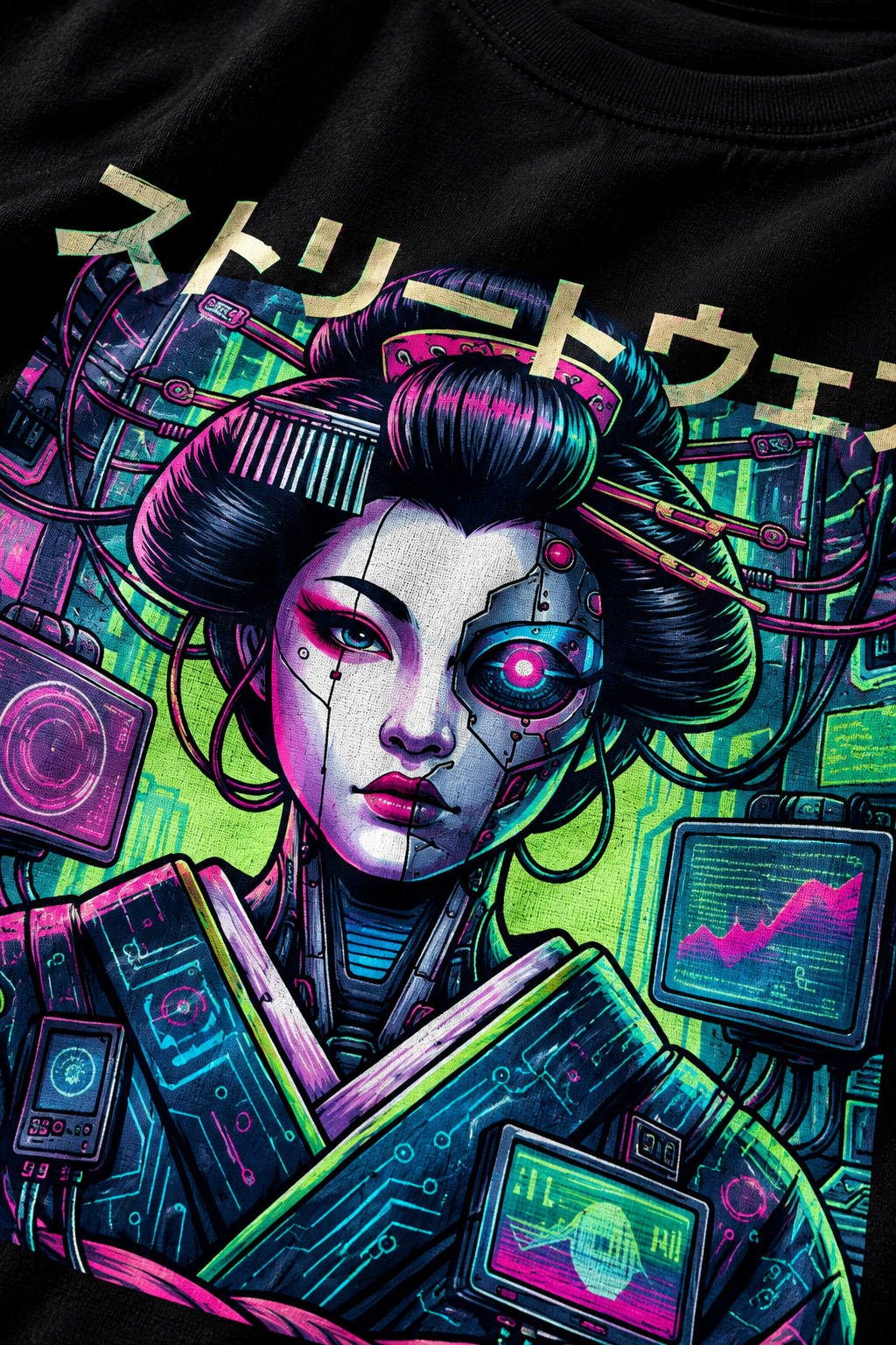 Cyber Geisha Cyberpunk Digital Print Oversized T-Shirt for Men in Black | STITCHIFLY