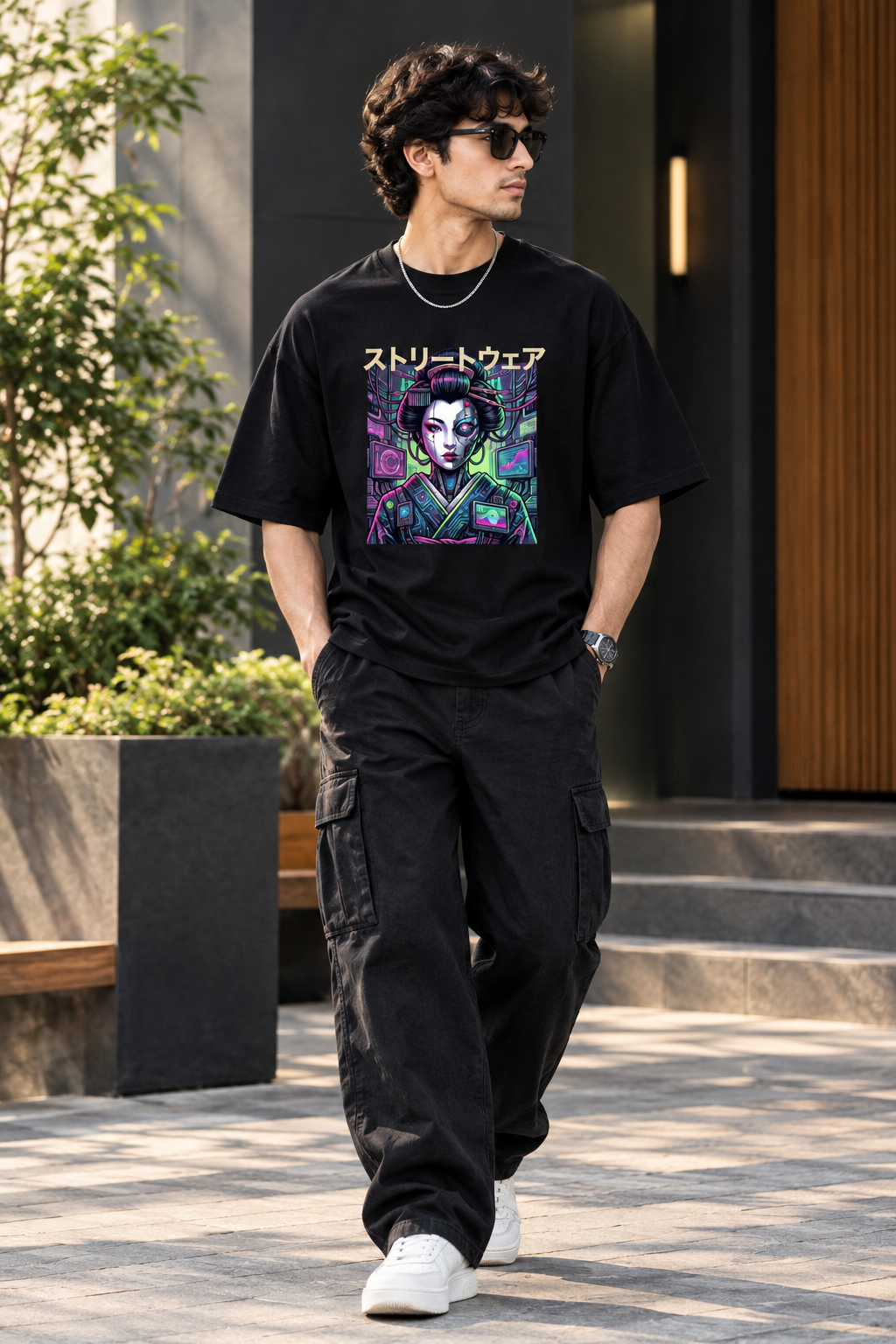 Cyber Geisha Cyberpunk Digital Print Oversized T-Shirt for Men in Black | STITCHIFLY