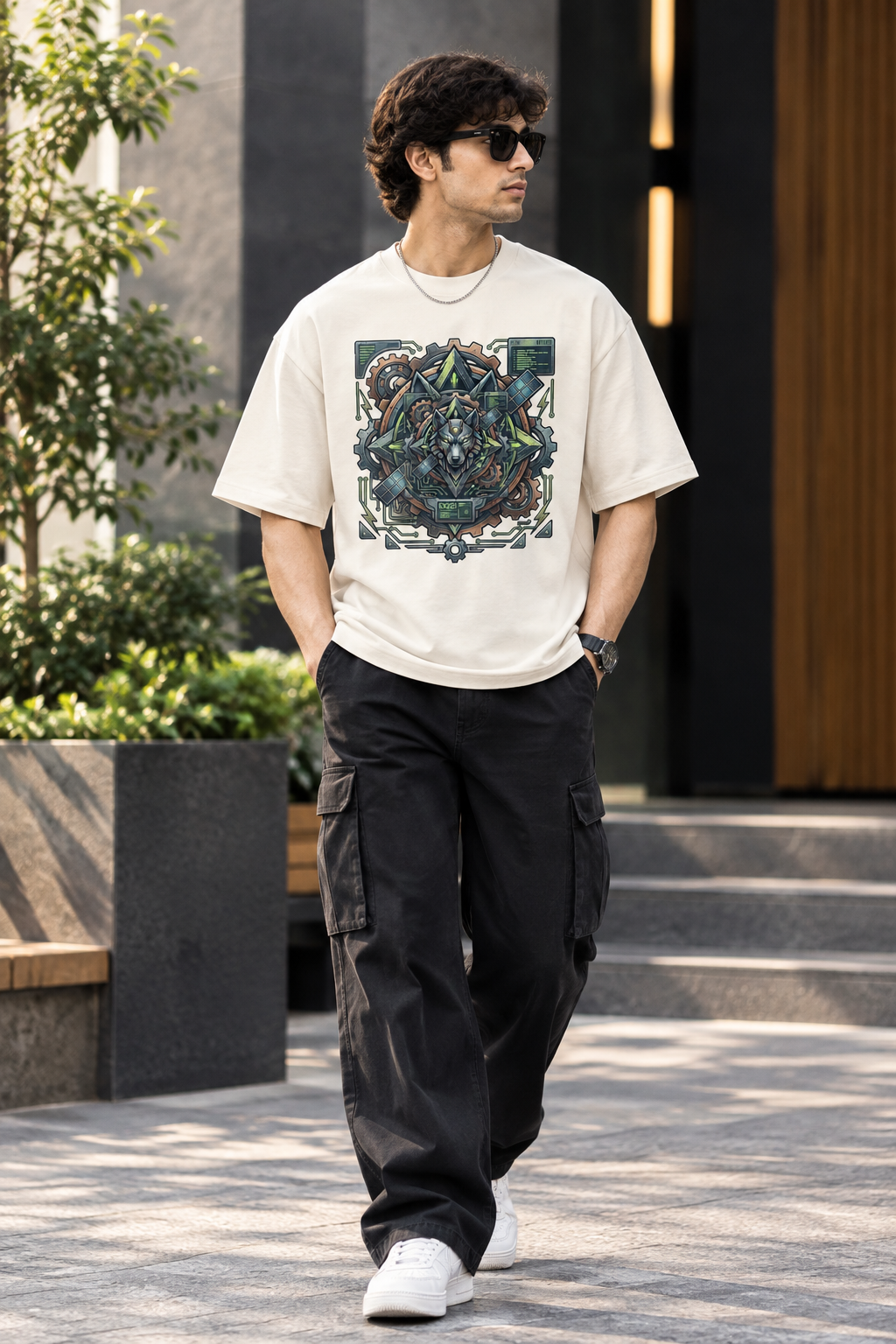 Mecha Wolf Cyberpunk Digital Print Oversized T-Shirt for Men in Off-White | STITCHIFLY