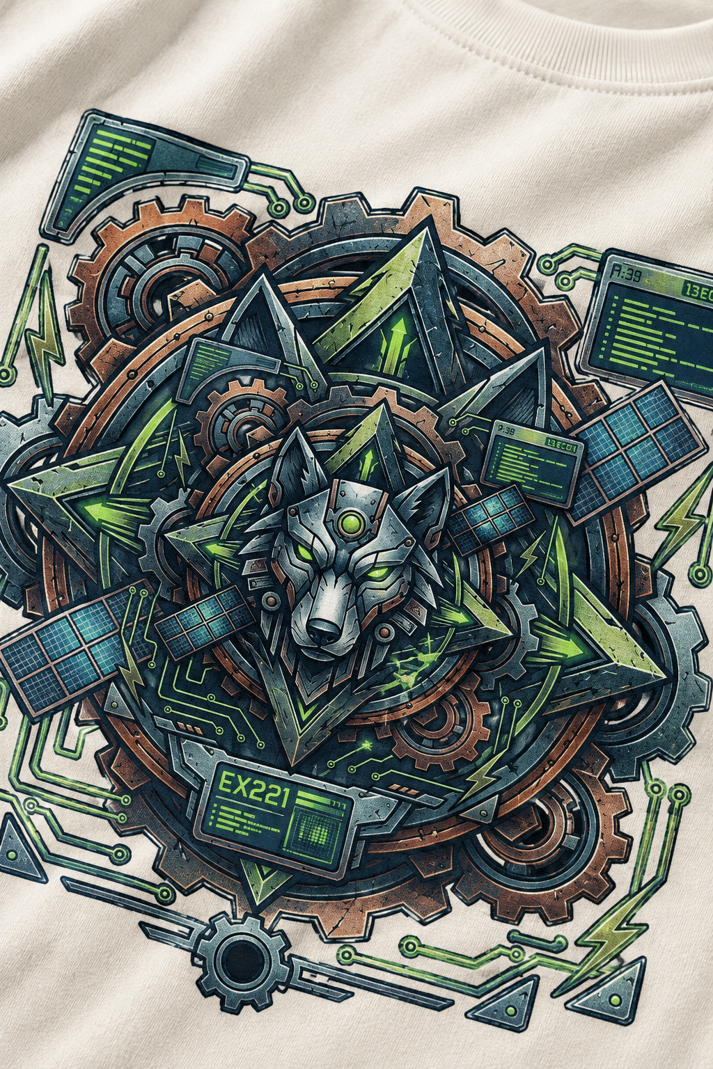 Mecha Wolf Cyberpunk Digital Print Oversized T-Shirt for Men in Off-White | STITCHIFLY