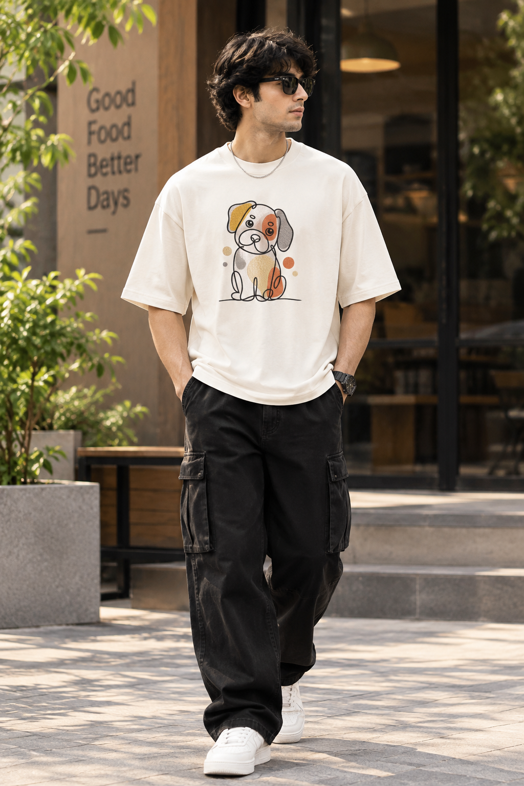 Minimalist Line Art Dog Premium Embroidery Oversized T-Shirt for Men in Off-White (240 GSM) | STITCHIFLY