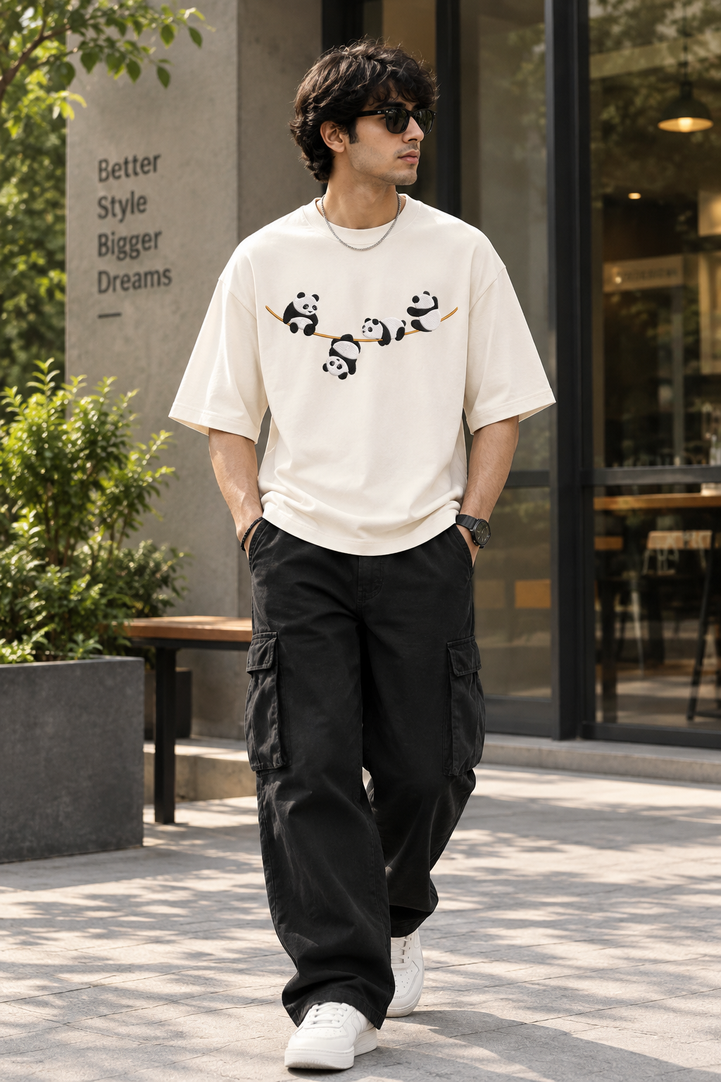 Playful Pandas Branch Embroidery Oversized T-Shirt for Men in Off-White (240 GSM) | STITCHIFLY