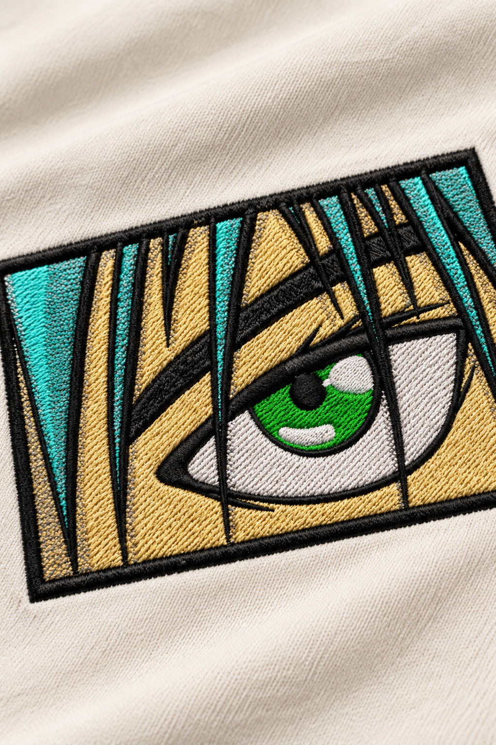 Anime Green Eye Box Embroidery Oversized T-Shirt for Men in Off-White (240 GSM) | STITCHIFLY