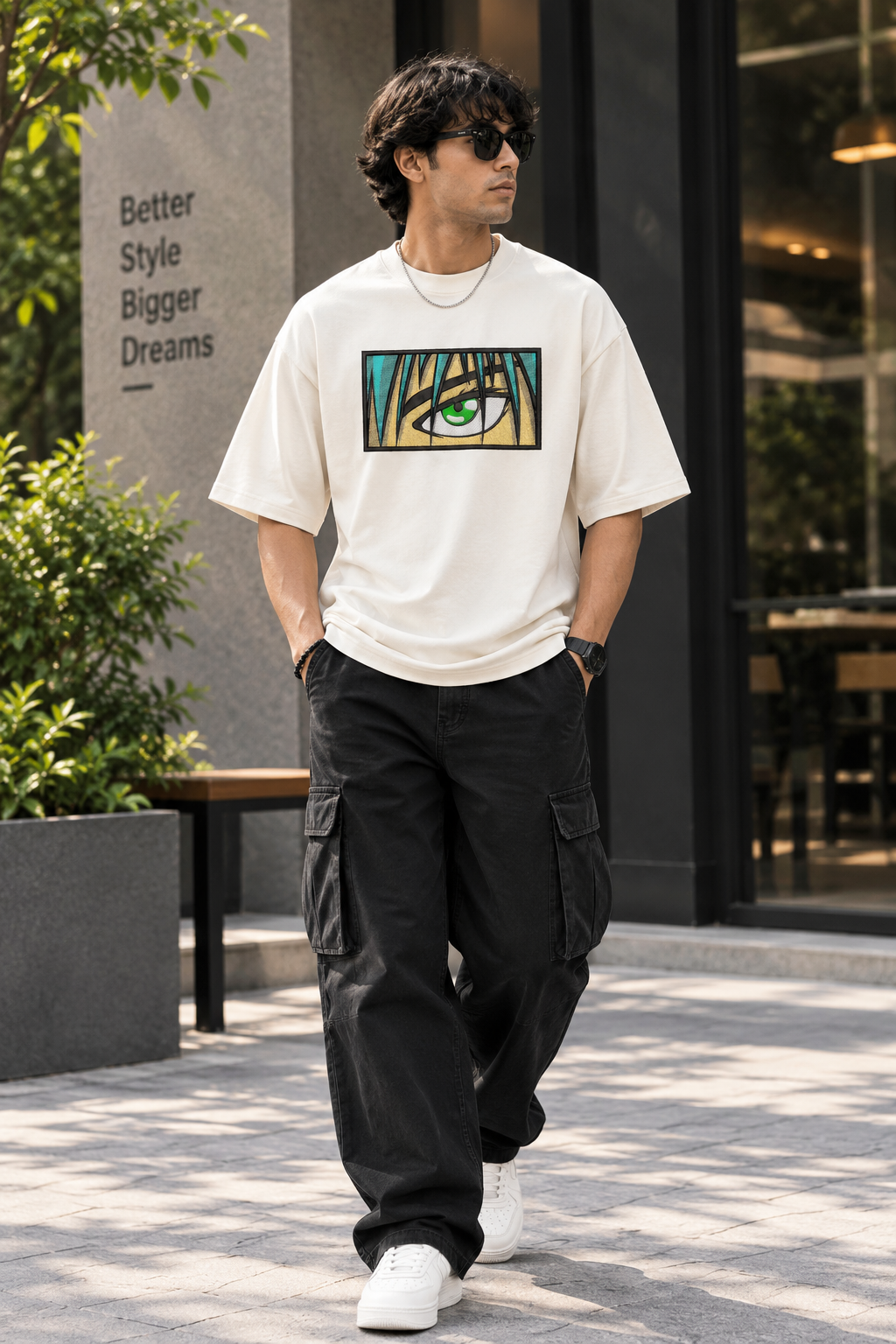 Anime Green Eye Box Embroidery Oversized T-Shirt for Men in Off-White (240 GSM) | STITCHIFLY