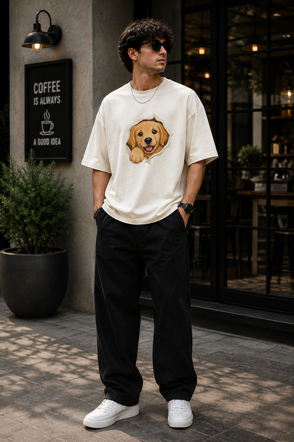 Golden Retriever Puppy Peeking Graphic Embroidered Oversized T-Shirt for Men in Off White | STITCHIFLY