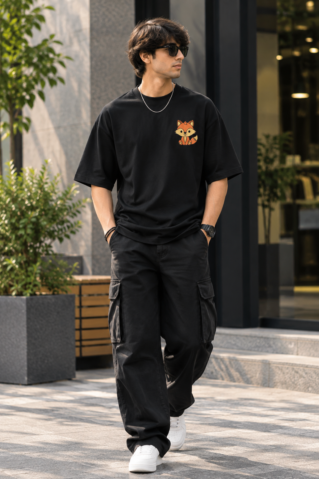 Cute Fox Character Embroidery Oversized T-Shirt for Men in Black (240 GSM) | STITCHIFLY
