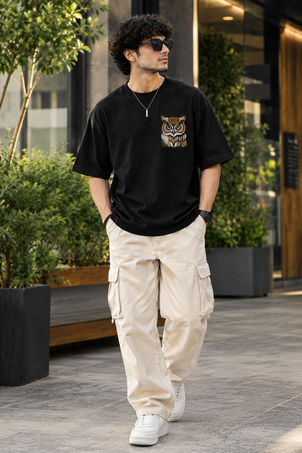 Wise Owl Portrait Embroidery Oversized T-Shirt for Men in Black (240 GSM) | STITCHIFLY