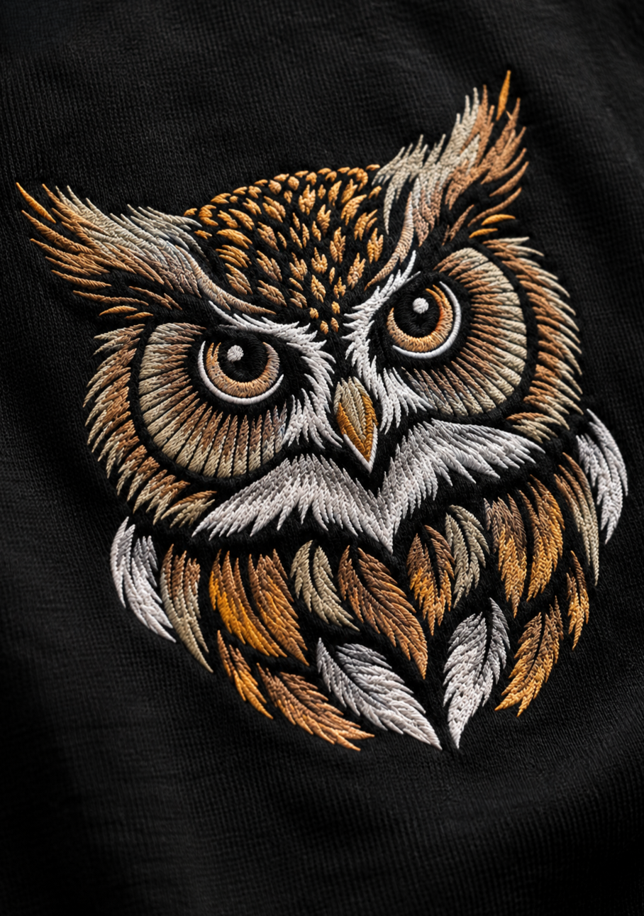Wise Owl Portrait Embroidery Oversized T-Shirt for Men in Black (240 GSM) | STITCHIFLY