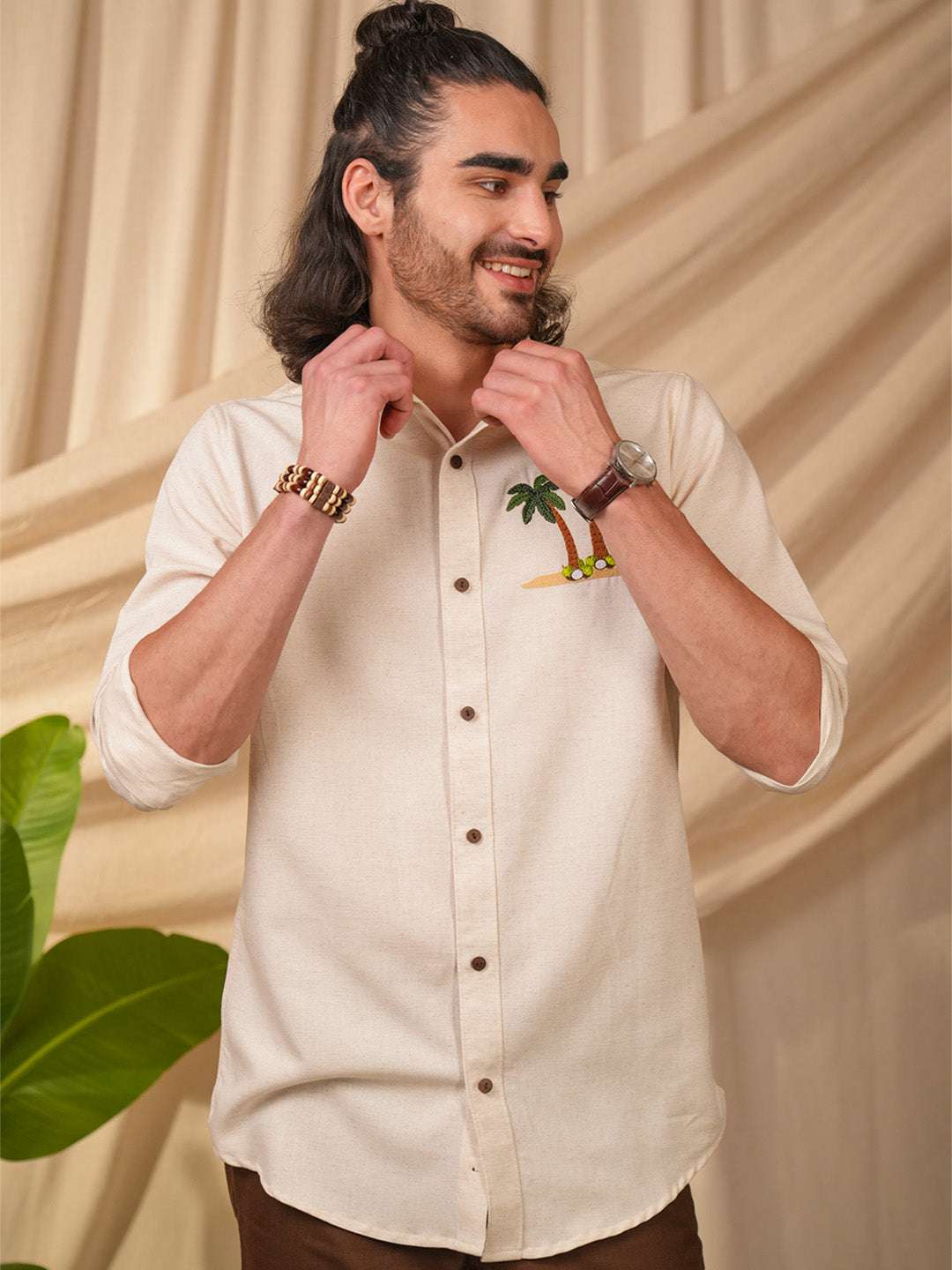 Custom Beige Natural Grains Coconut Tree Embroidery Linen Cotton Shirt