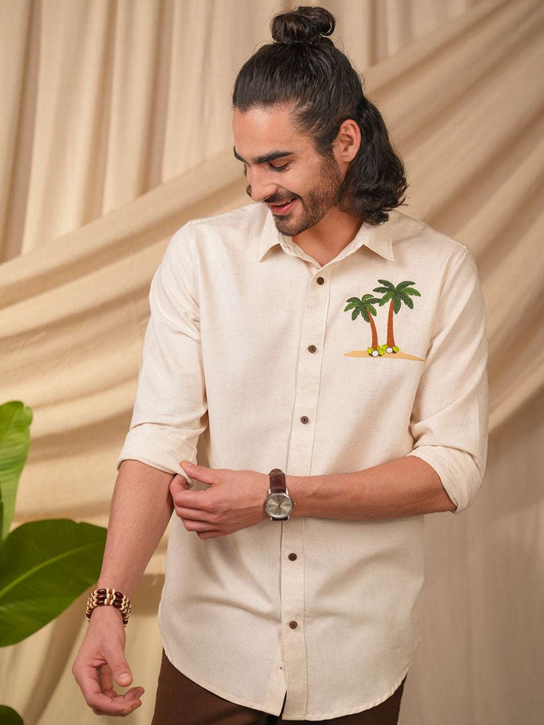 Custom Beige Natural Grains Coconut Tree Embroidery Linen Cotton Shirt