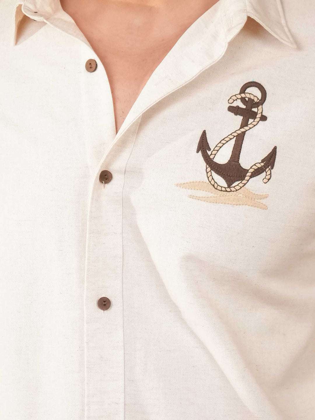 Custom Beige Natural Grains Anchor Embroidery Linen Cotton Shirt